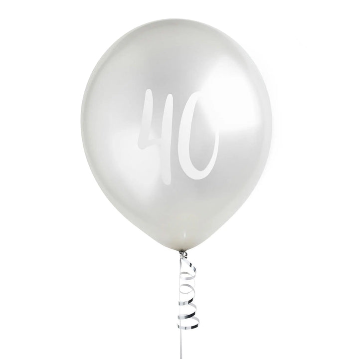 Silver 40th Birthday Balloons - Happy Birthday 40 Balloons - Silver & White Balloons - Party Decorations - Pack of 5