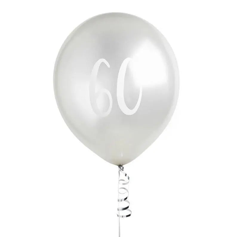 Silver 60th Birthday Balloons - Happy Birthday 60 Balloons - Silver & White Balloons - Party Decorations - Pack of 5