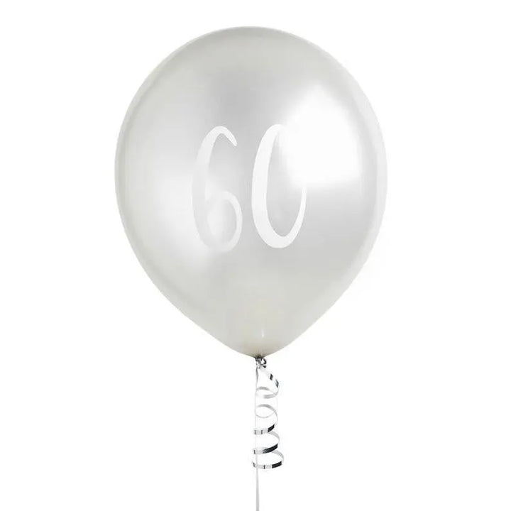Silver 60th Birthday Balloons - Happy Birthday 60 Balloons - Silver & White Balloons - Party Decorations - Pack of 5