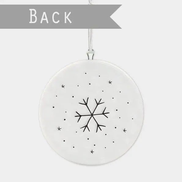 Porcelain Christmas Decoration - Baby's First Christmas - Small White Christmas Tree Decoration - White Flat Bauble-Snowflakes-Snowman