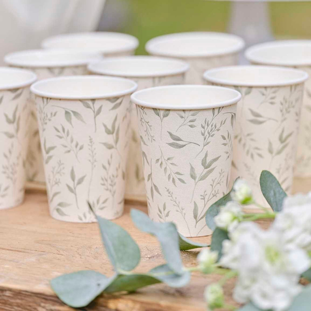 Christening Paper Cups - White & Green Botanical Paper Party Cups - Eco Friendly Party Supplies - Botanical Baby Shower - Pack of 8